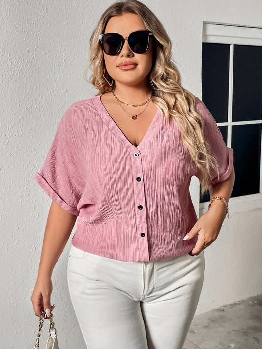 Blusa Feminina Plus Size Rosa com Gola V